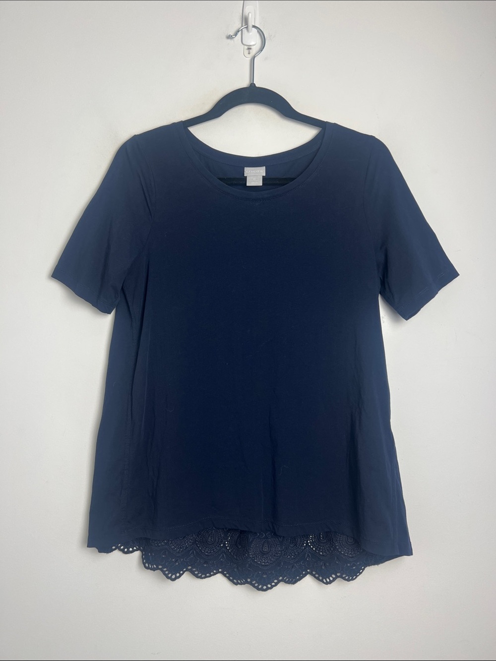 Chico's Small Navy Blue 100% Cotton Short-Sleeve Eyelet Embroidered Blouse Top‎